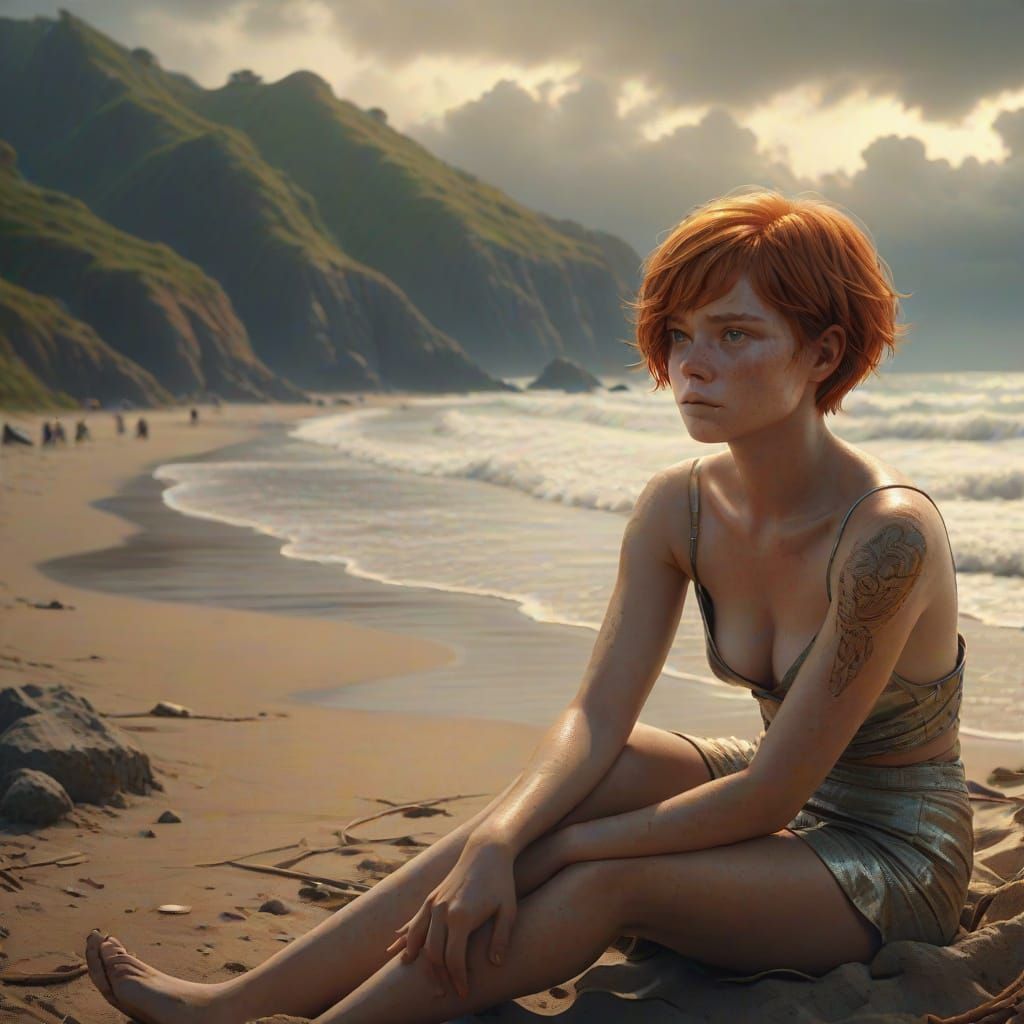 Ginger-Haired Woman on a Beach: Digital Matte Painting