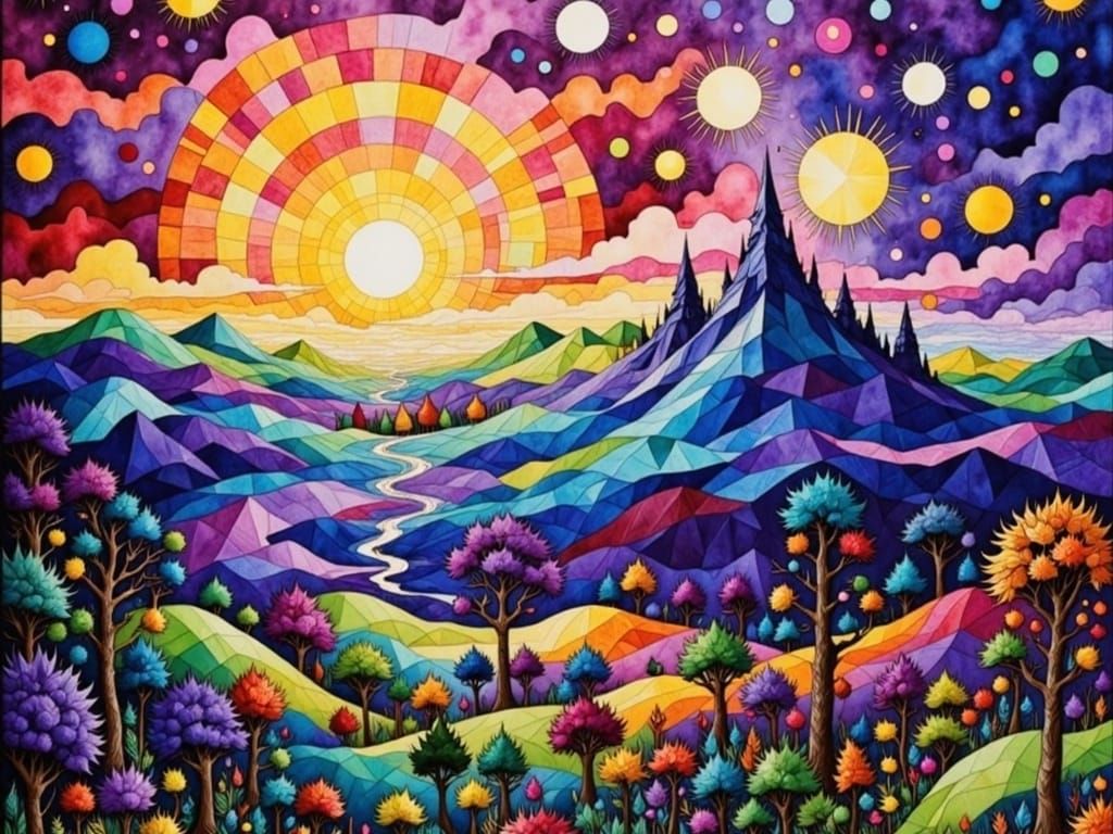 Intricate Fantasy Quilt Landscape in Magical Sunset HDR Styl...