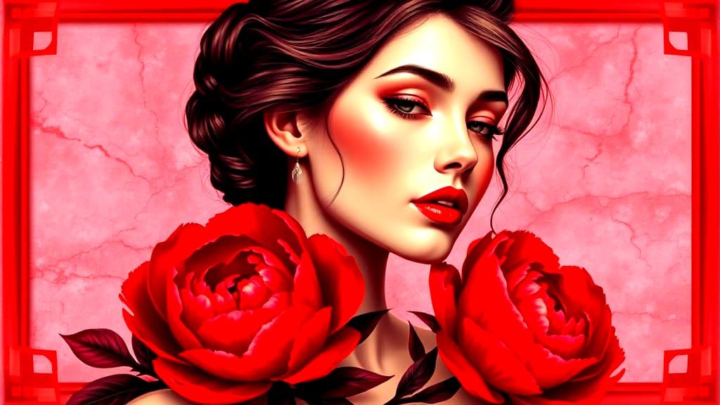Woman in Elegant Red Artwork with Art Deco Accents