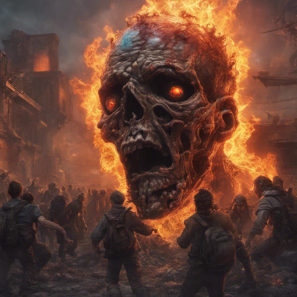 Flaming Zombies in Post-Apocalyptic Landscape