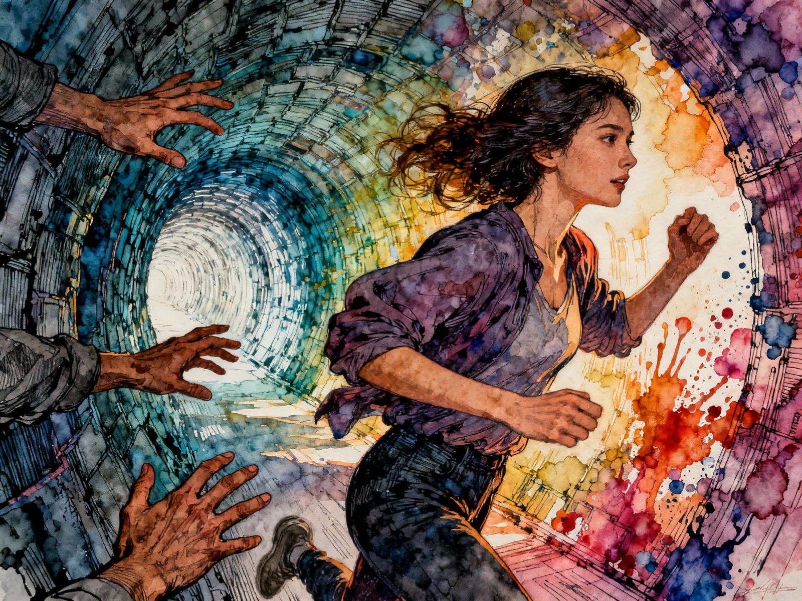 Woman Escapes Grasping Hands in Detailed Tunnel