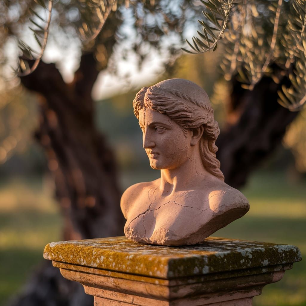 Weathered Clay Greek God Statuette in Golden Light