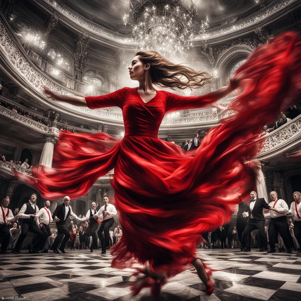 Woman in Red Dress Dancing with Band