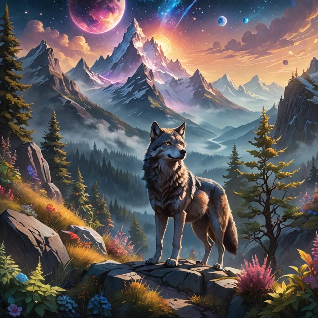Magical Wolf on Mountain, Fantasy Concept Art