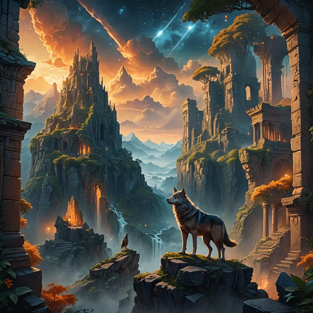 Wolf on Magical Mountain Ruins in Fantasy Art