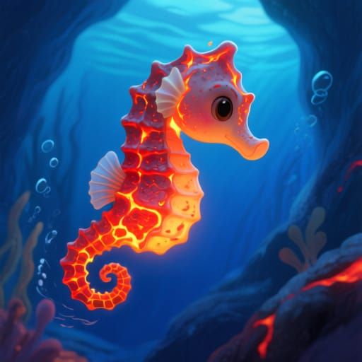 Cute Lava Seahorse Swims in Deep Blue Ocean