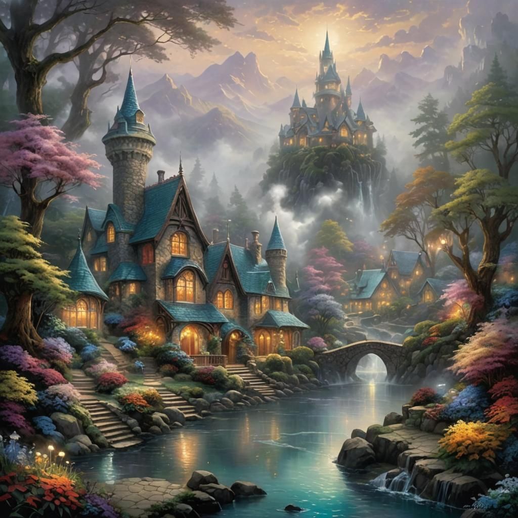 Ethereal Fantasy Landscape in Thomas Kinkade Style