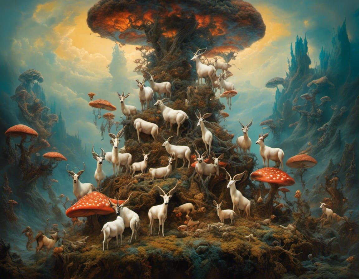 Surreal Mutant Goats on Luminous Mushroom Forest