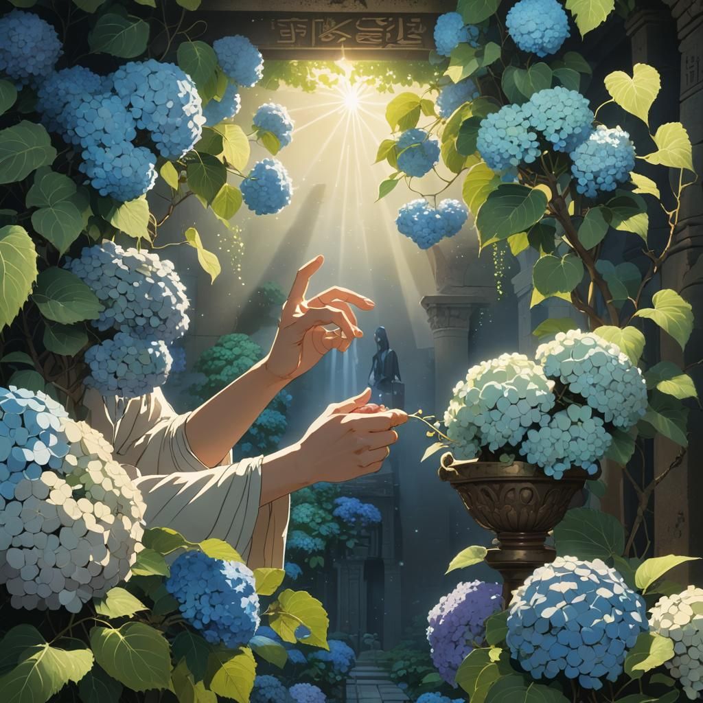 Egyptian Goddess with Hydrangeas in Ghibli Anime Style
