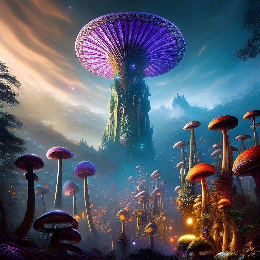 Luminescent Giant Mushroom Jungle in Psychedelic Pop Art