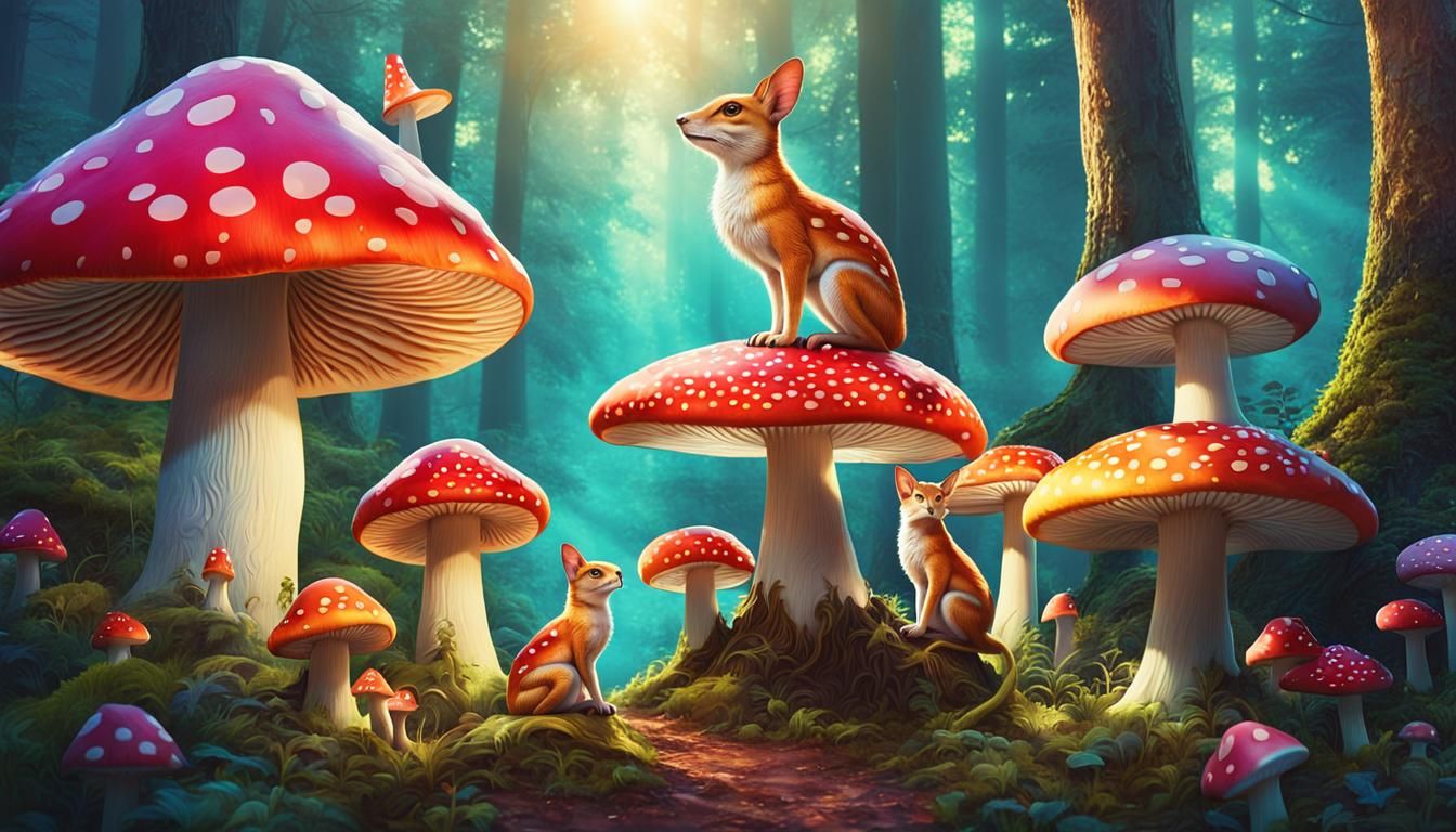 Mythical Creatures on Toadstools in Fairy Tale Forest