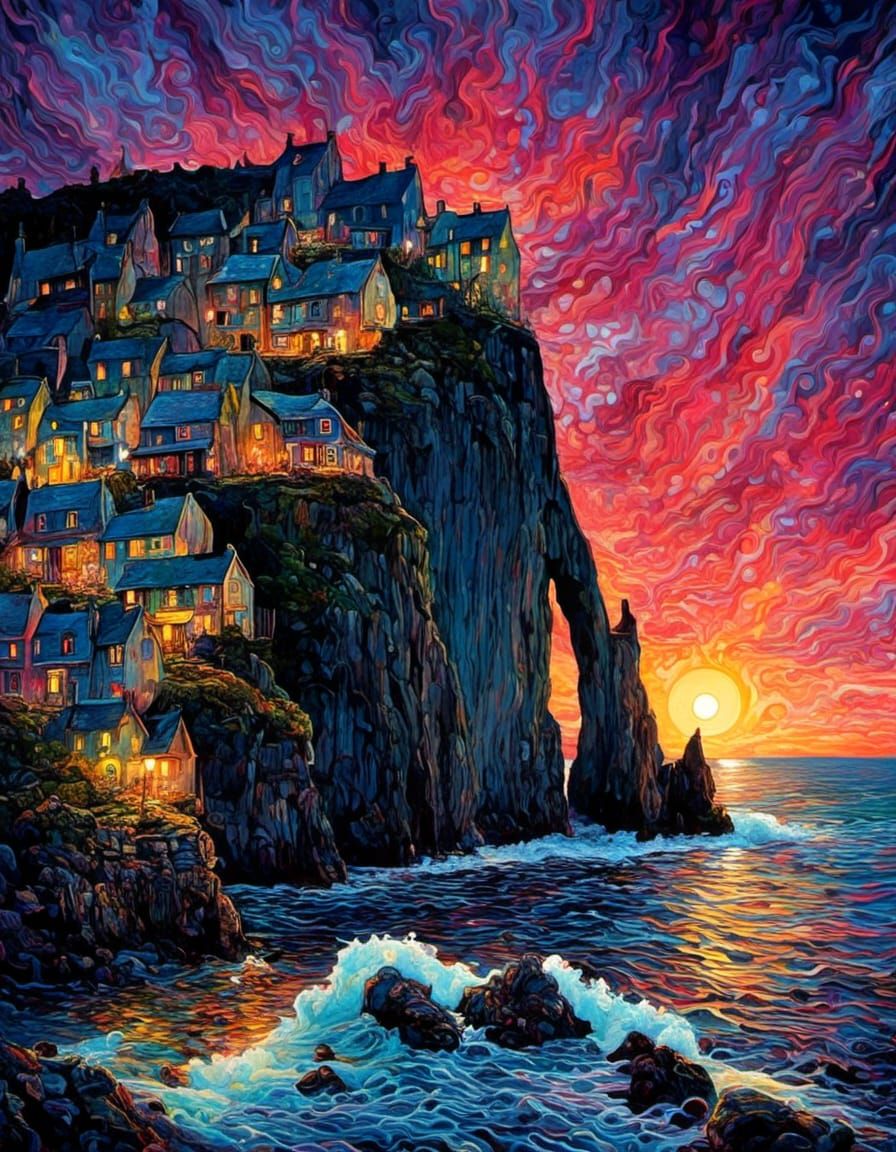Charming Etretat Village at Sunrise in Alcohol Ink Style
