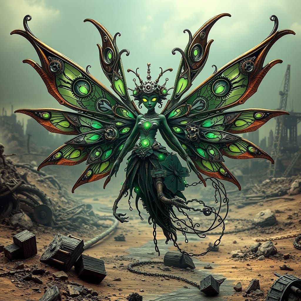 Steampunk Fairy with Clockwork Wings in Eerie Green Light