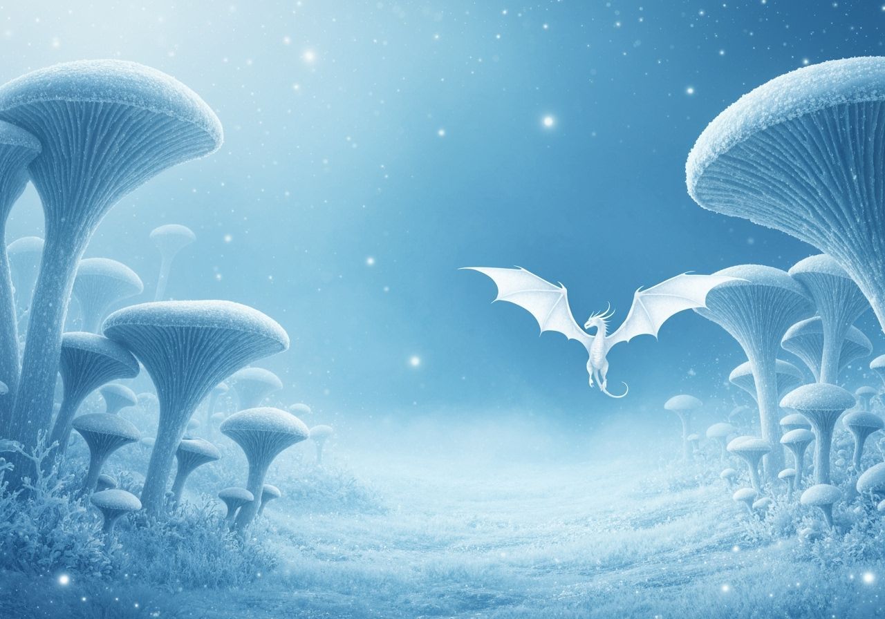 Frosty Dragon Flies Over Ethereal Fungi Landscape