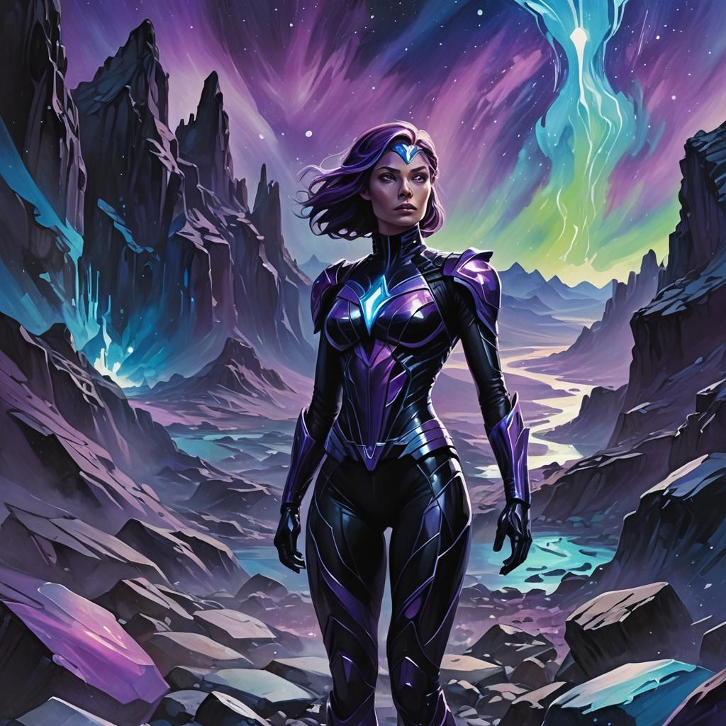 Sci-Fi Superheroine on Alien Planet in Expressionist Style