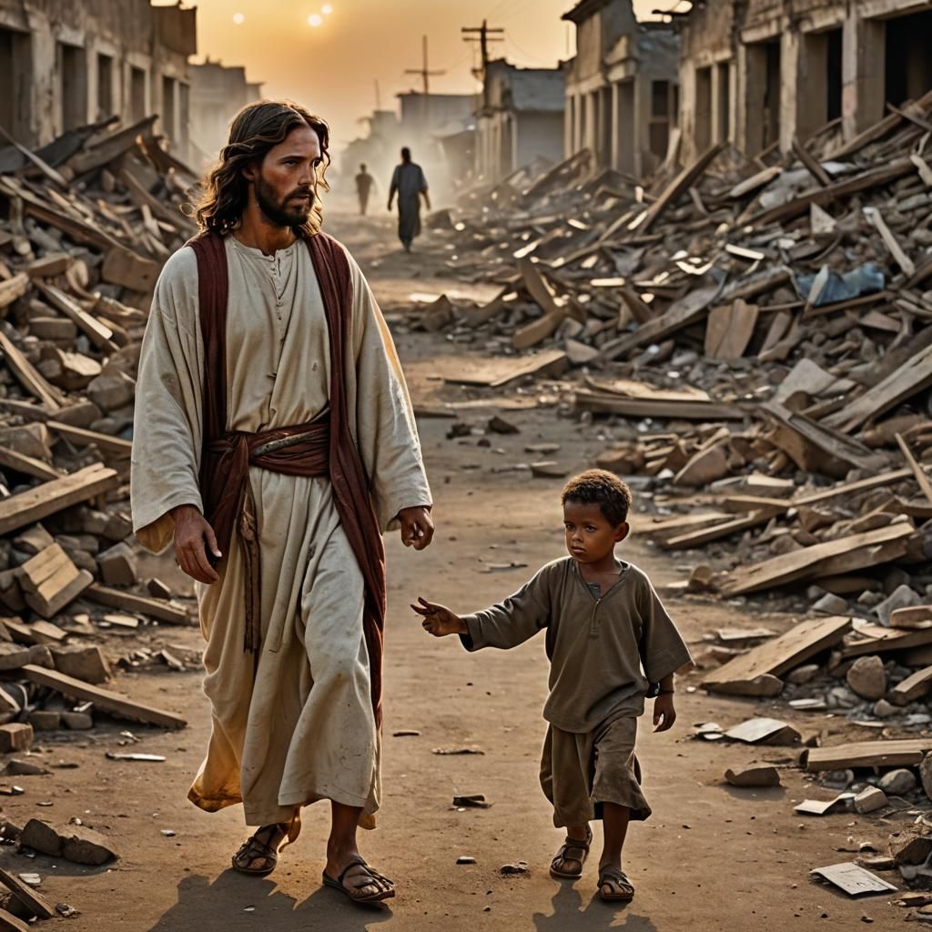 Jesus and Boy Walk into Sunset: Professional Portrait