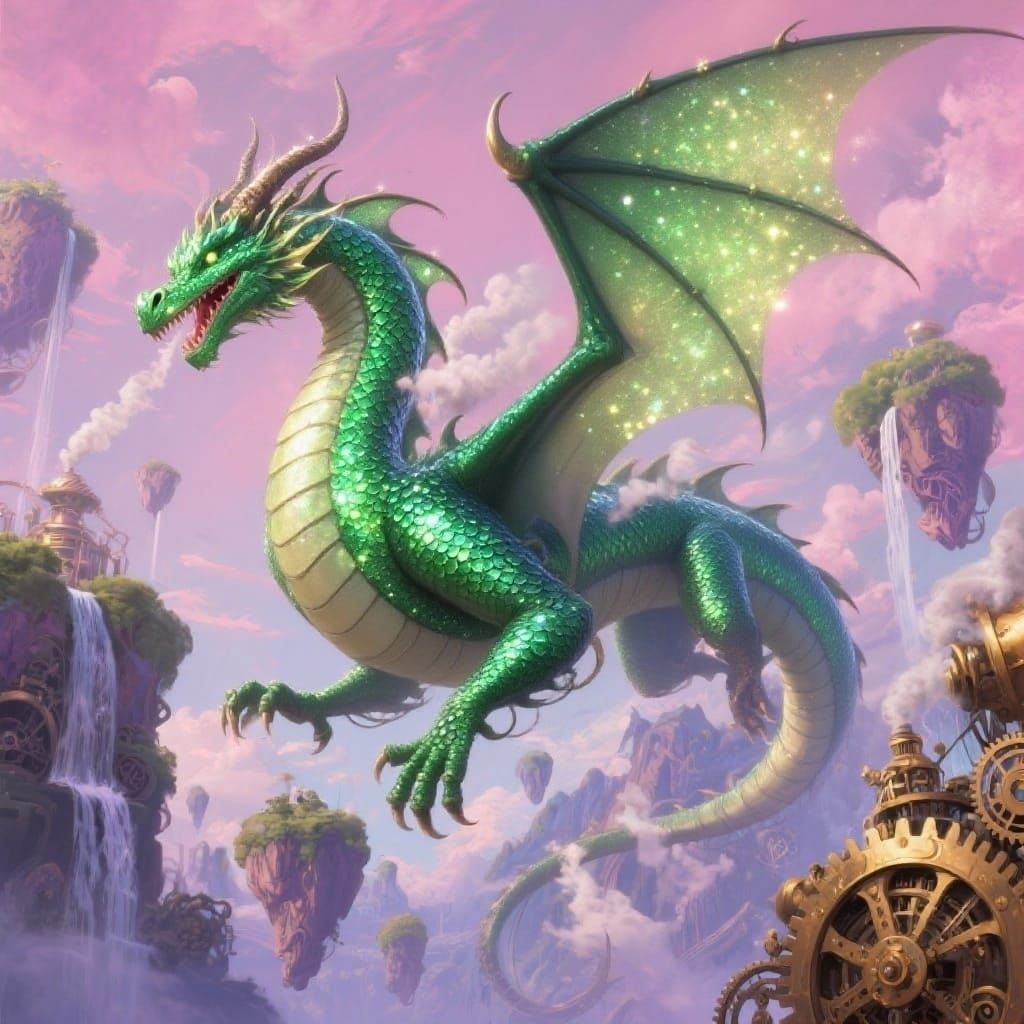 Emerald Dragon Soaring in Pastel Pink Sky