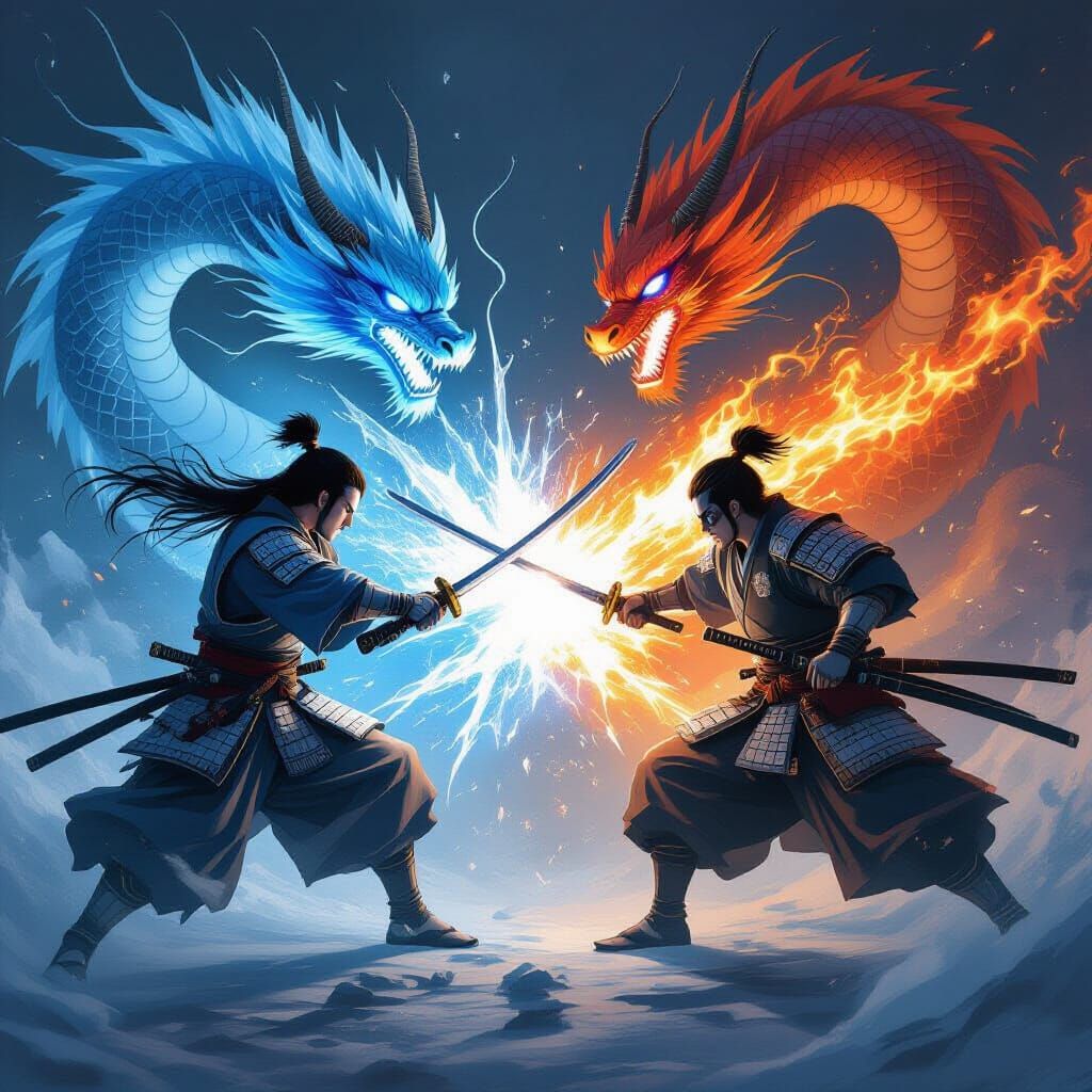Samurai Battle with Elemental Auras and Dragons