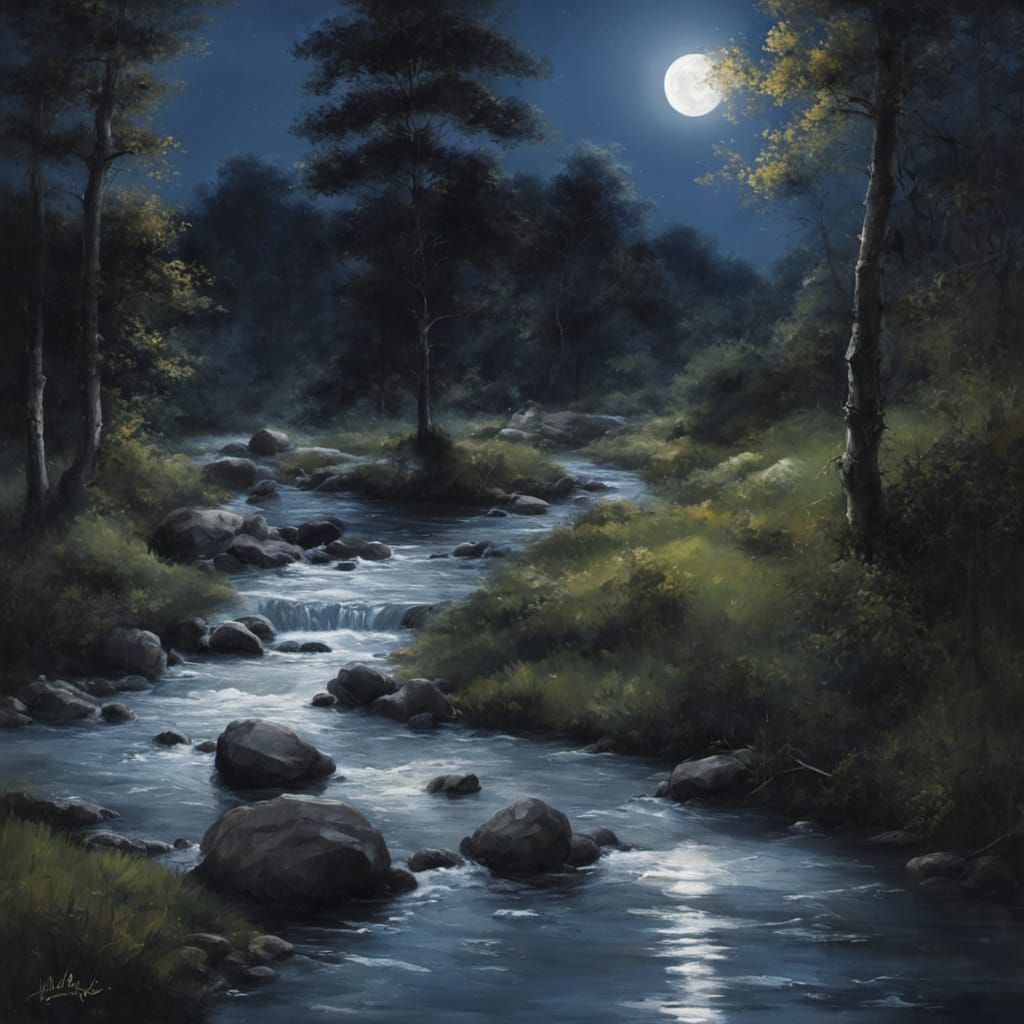Serene Stream Illuminated by Moonlight