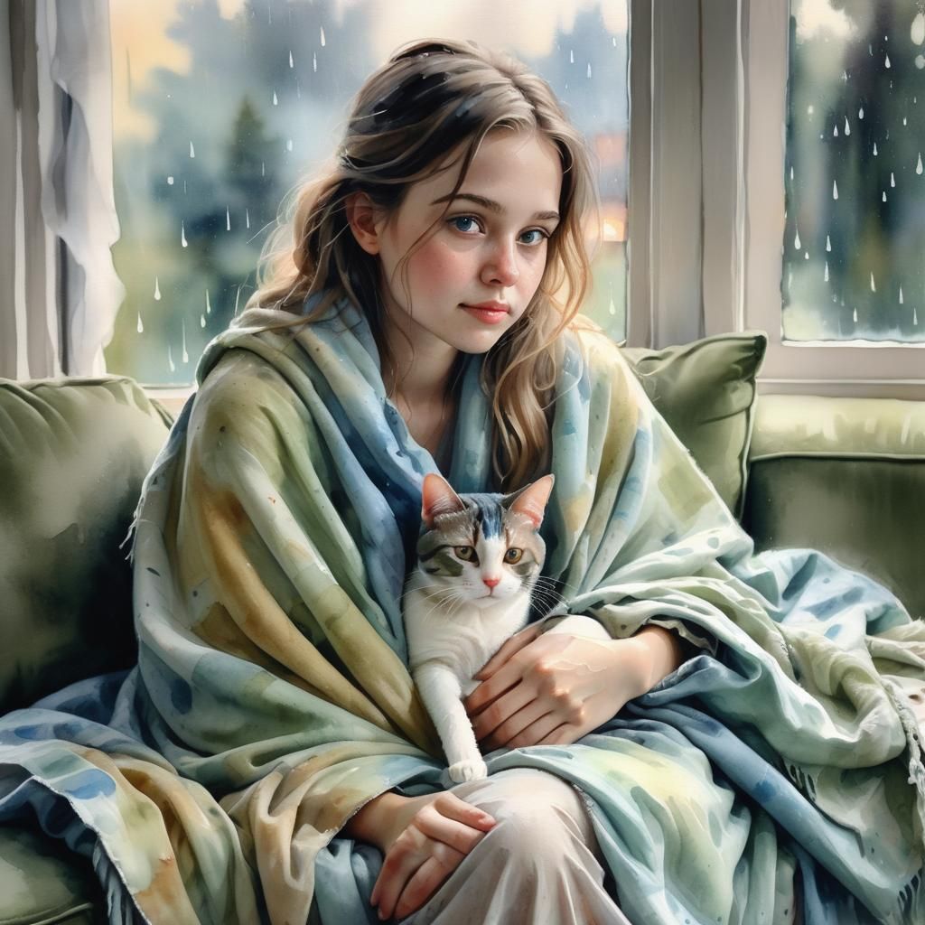 Dreamy Watercolor Portrait of Girl with Cat