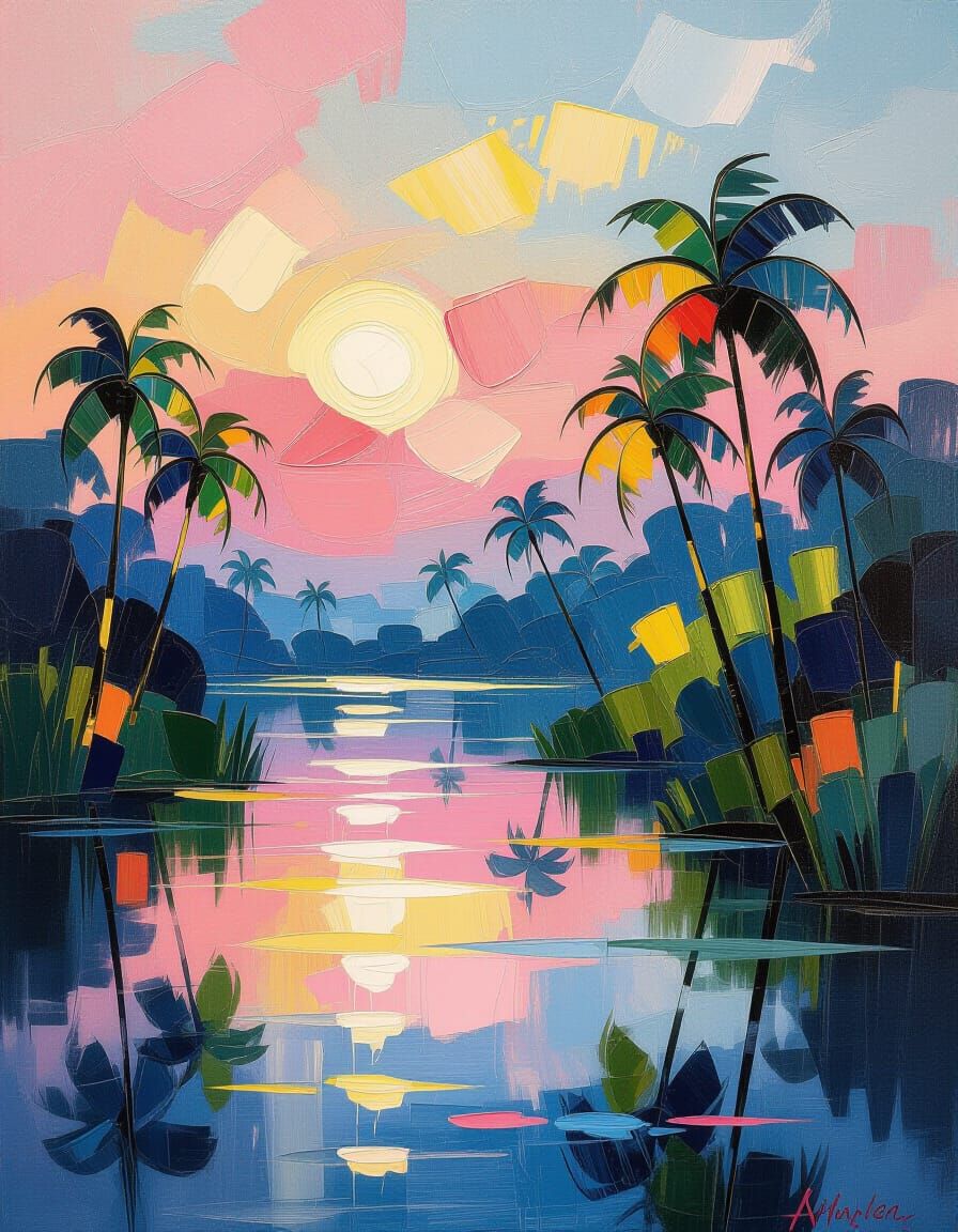 Impressionistic Lagoon Painting in Meta-Modern Romanticism