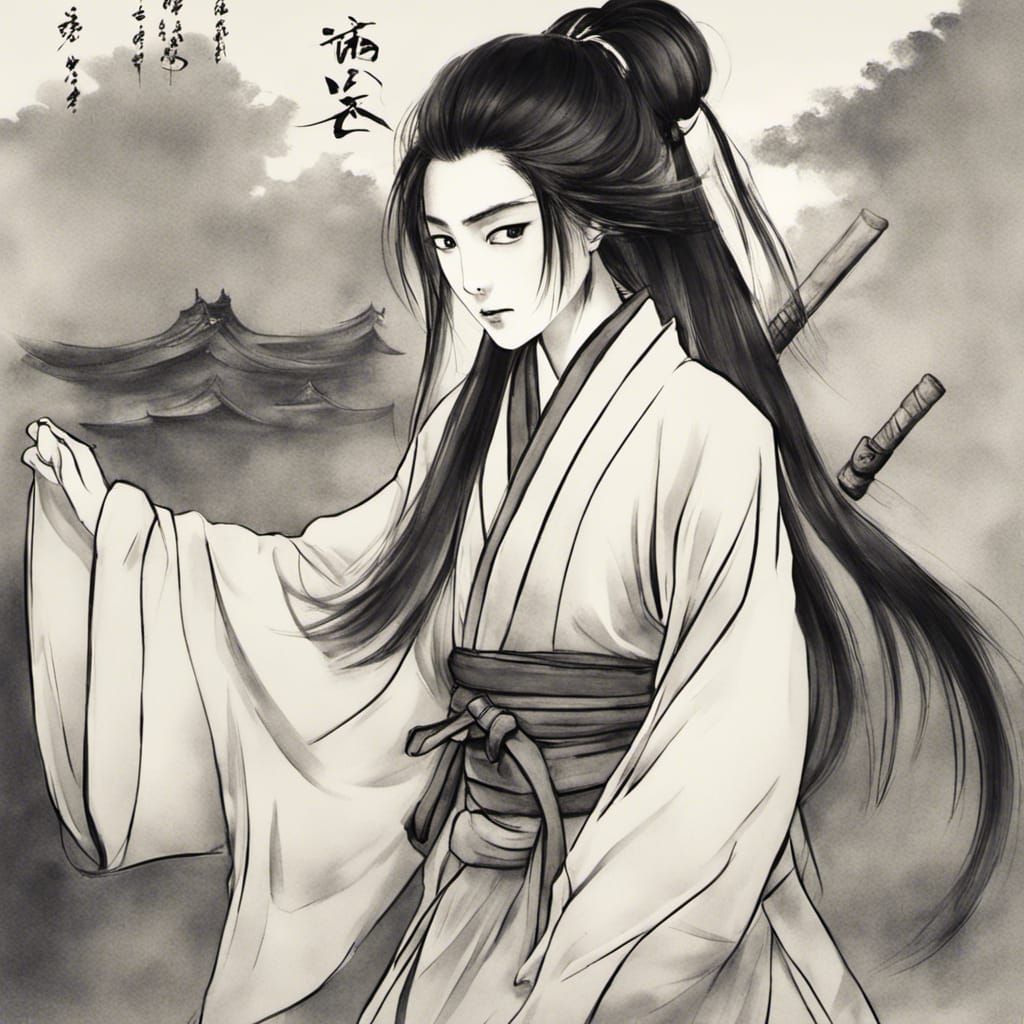 Sumi-e Ink Painting: Wuxia Fantasy Scene
