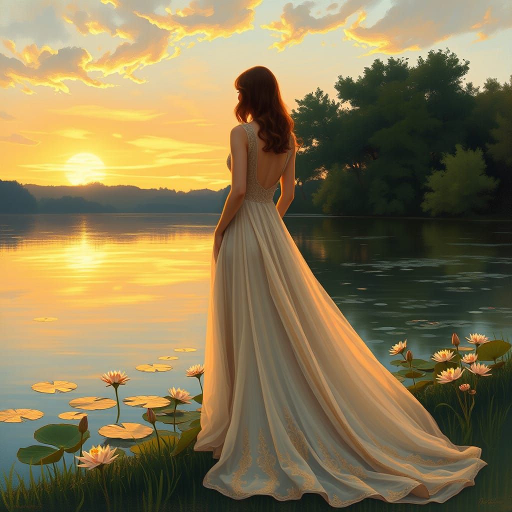 Dreamy Impressionist Woman by a Tranquil Lake