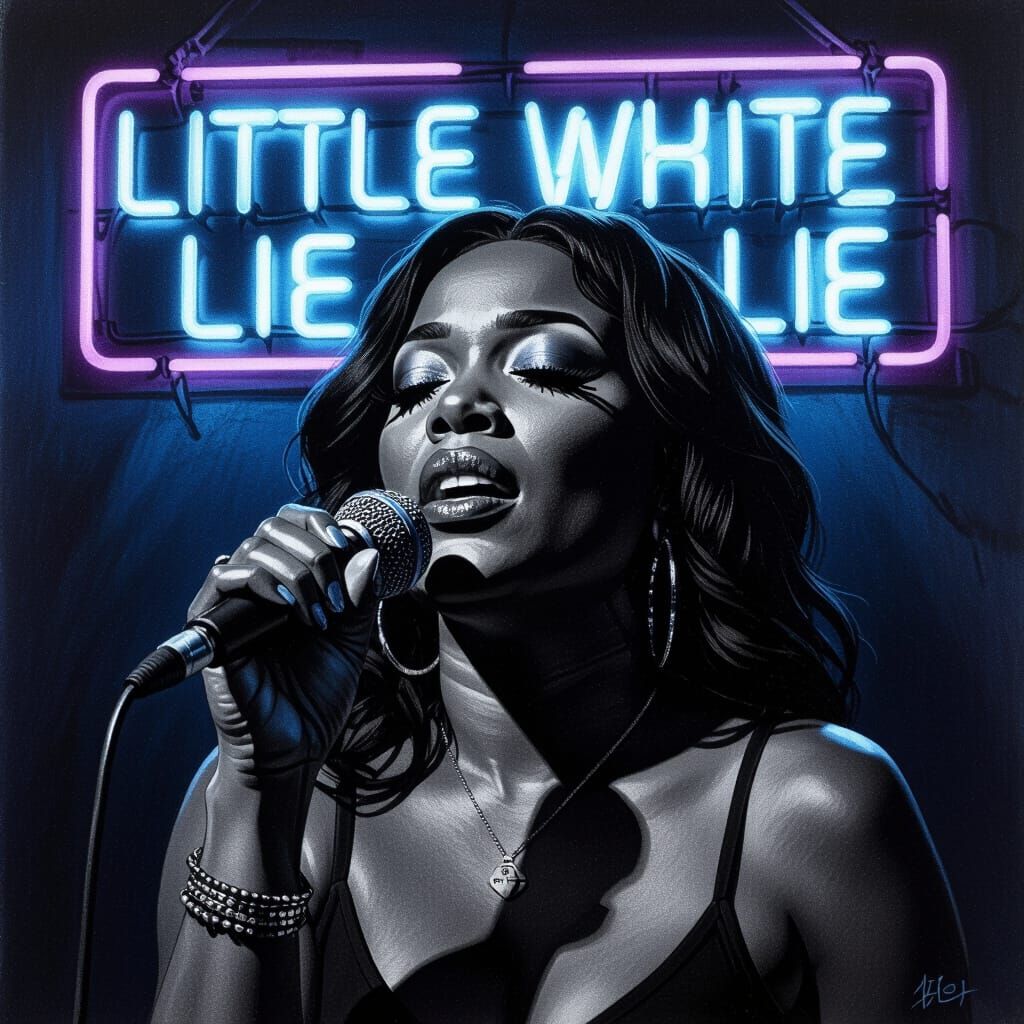 Tanya Stephens Singing the Blues, Charcoal Drawing with Neon...