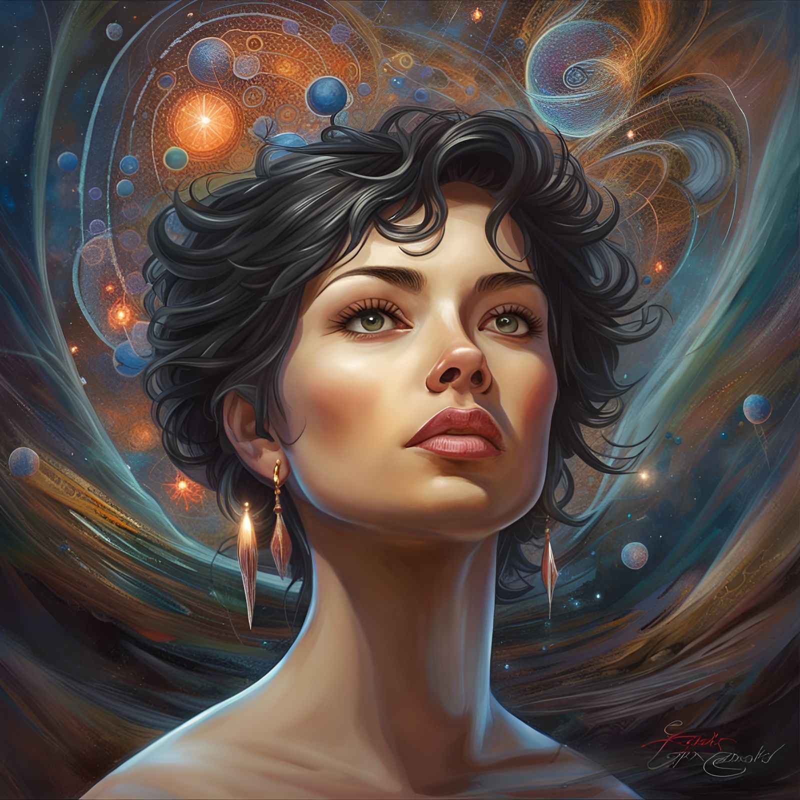 Ethereal Woman in Room with Cosmic Sky Elements