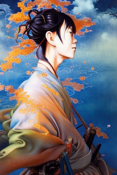 Miyamoto Musashi Samurai Warrior in Mucha Style