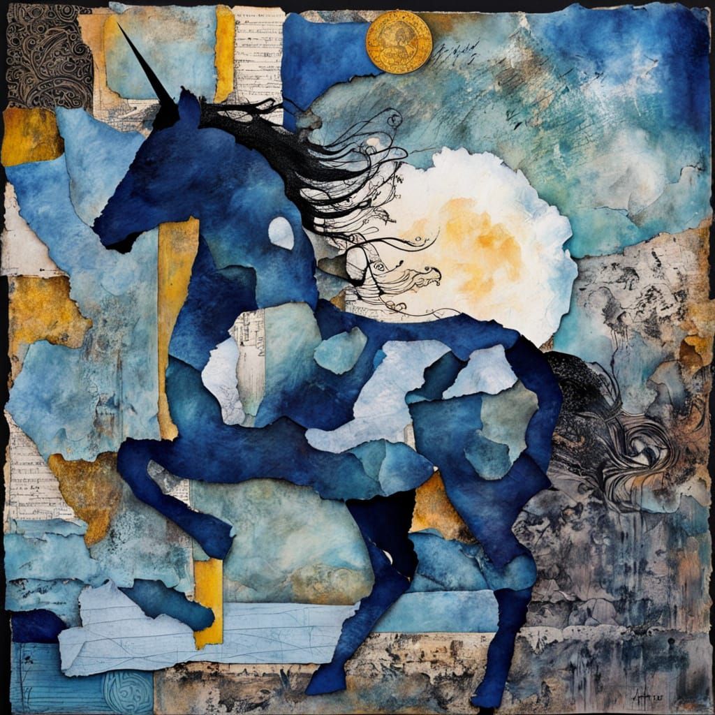 Ethereal Sky Unicorn Collage in Midnight Blue and Silver