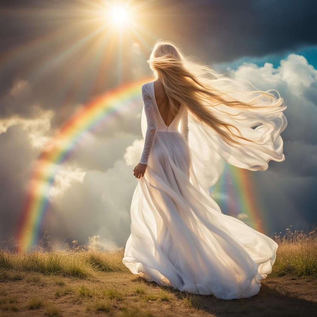 Woman in White Dress with Flowing Hair
