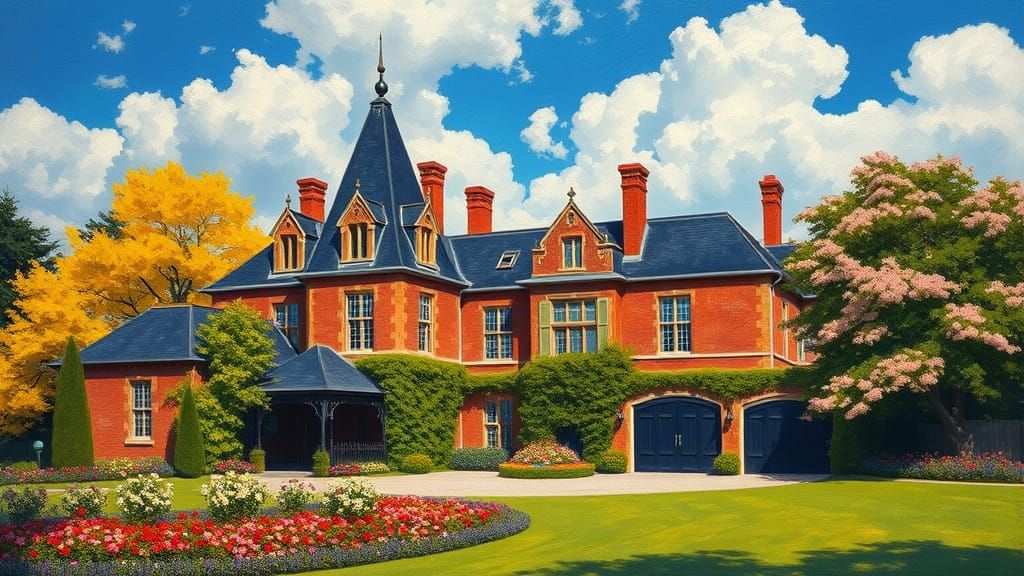 Elegant Chateau Amidst Vibrant Trees and Flowers