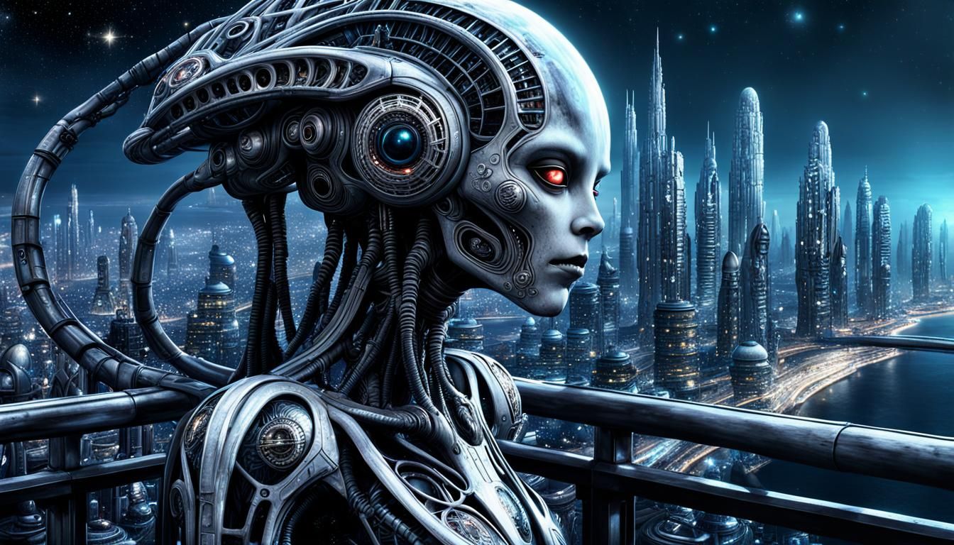 Biomechanical Android in Sepia-toned Giger Utopia