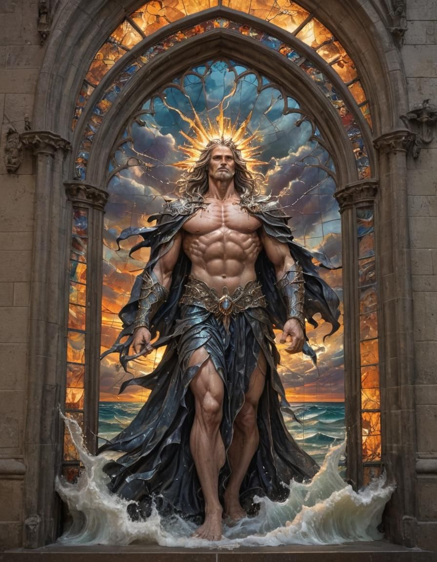 Poseidon Emerges from Gothic Stained Glass