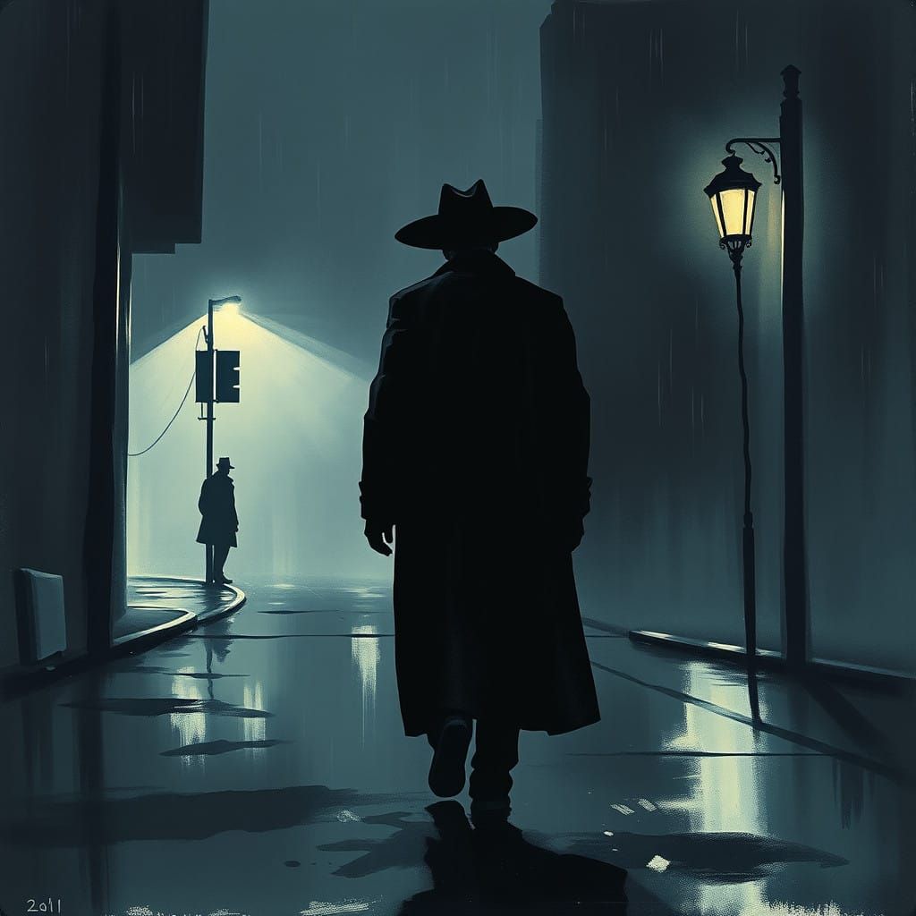 Mysterious Figure in Darkened City Street Scene