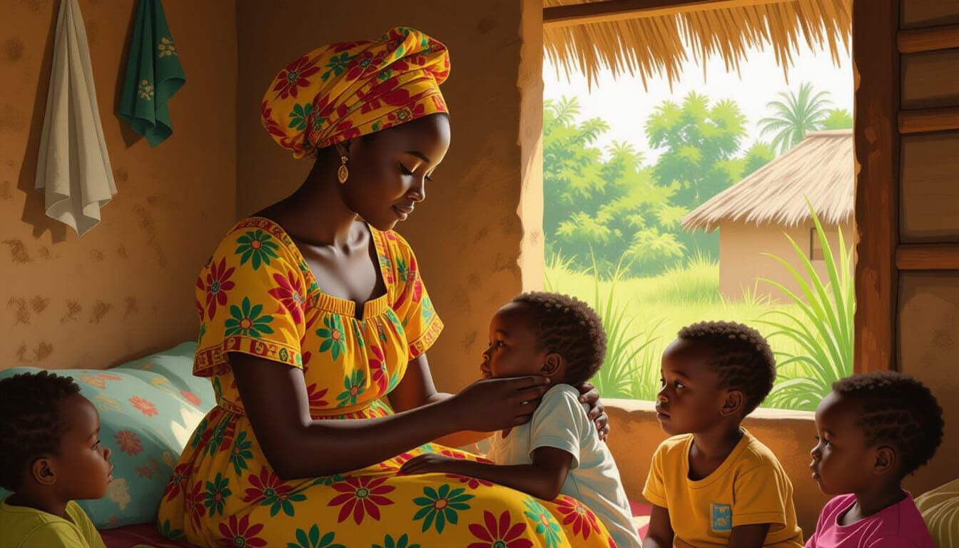 African Girl Cares for Sick Children in Lush Clinic