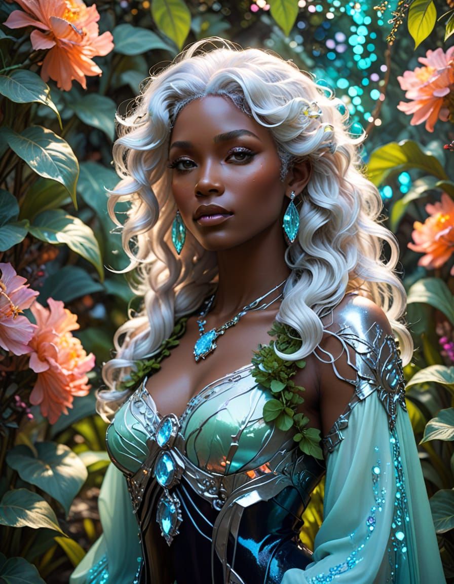 Dark Skinned Woman with White Hair in Lush Garden