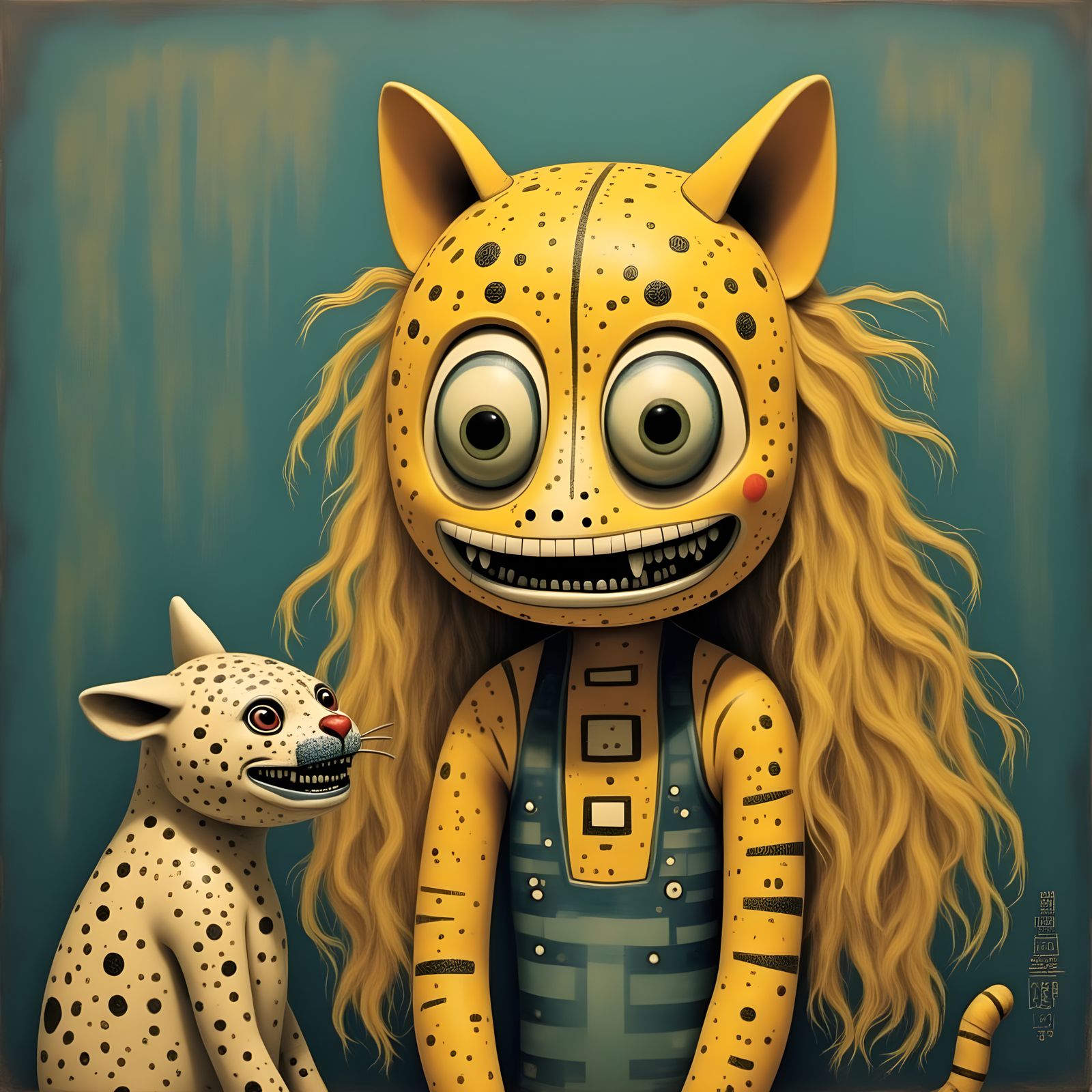 Eccentric Surrealist Woman Cat Embracing in Joyful Abandon