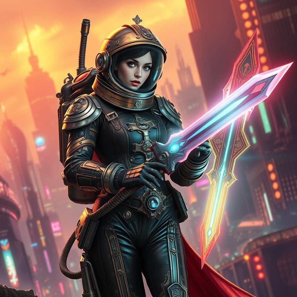 Cyberpunk Steampunk Cosmonaut Wields Radiant Sword Against D...