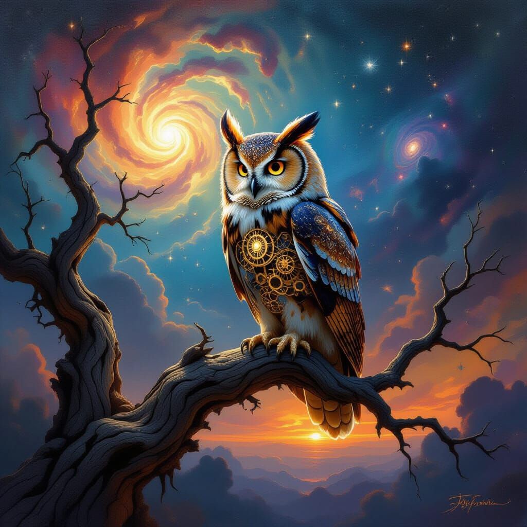 Mechanical Owl on Ancient Branch Under Nebula Sky