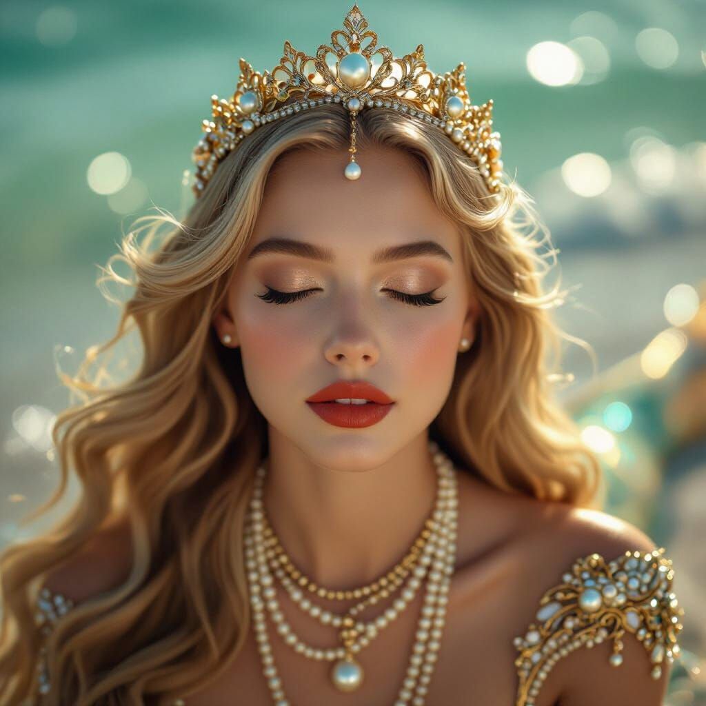 Hyperrealistic Mermaid Portrait on Beach with Pearl Crown