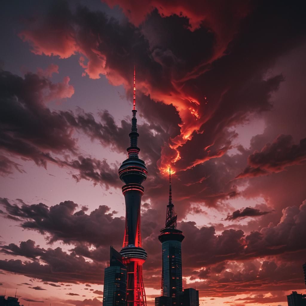 Sky Tower Against Spooky Red Sky: Cinematic Digital Art