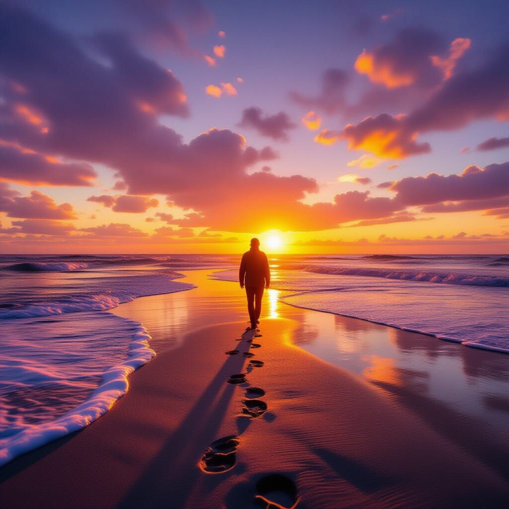 Man Walking on Beach at Sunset, Footprints in Sand