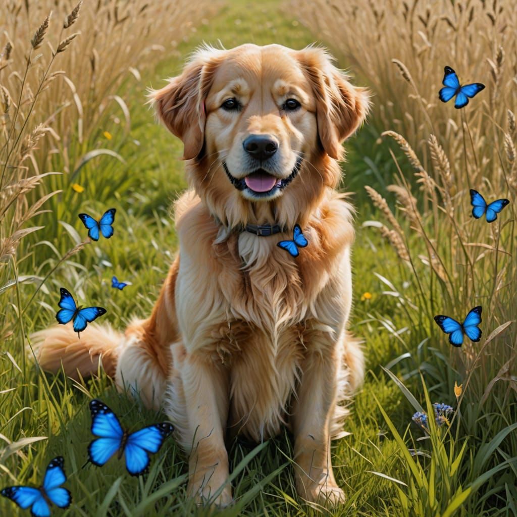 Golden Retriever with Butterfly in Grassy Meadow