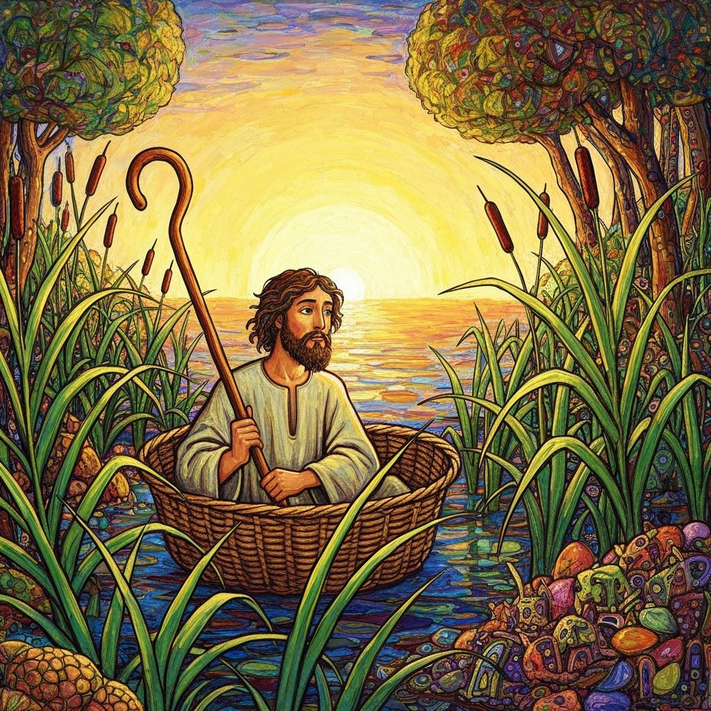 Moses in Basket Amidst Reeds in Hundertwasser Style