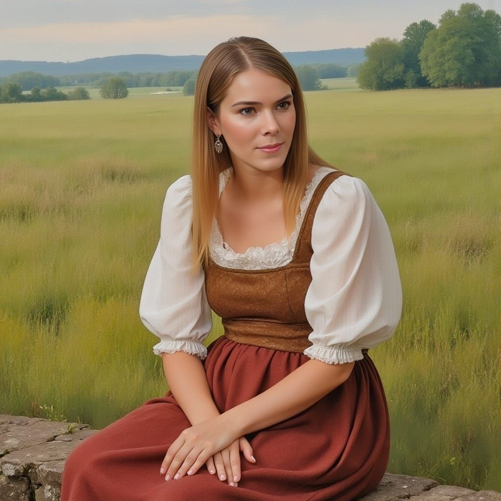 Serenely Contemplative Medieval Peasant Woman in a Meanderin...