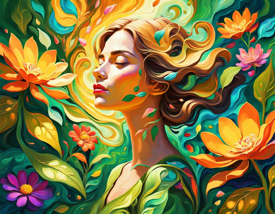 Psychedelic Woman Surrounded by Flowers, Fauvist Style