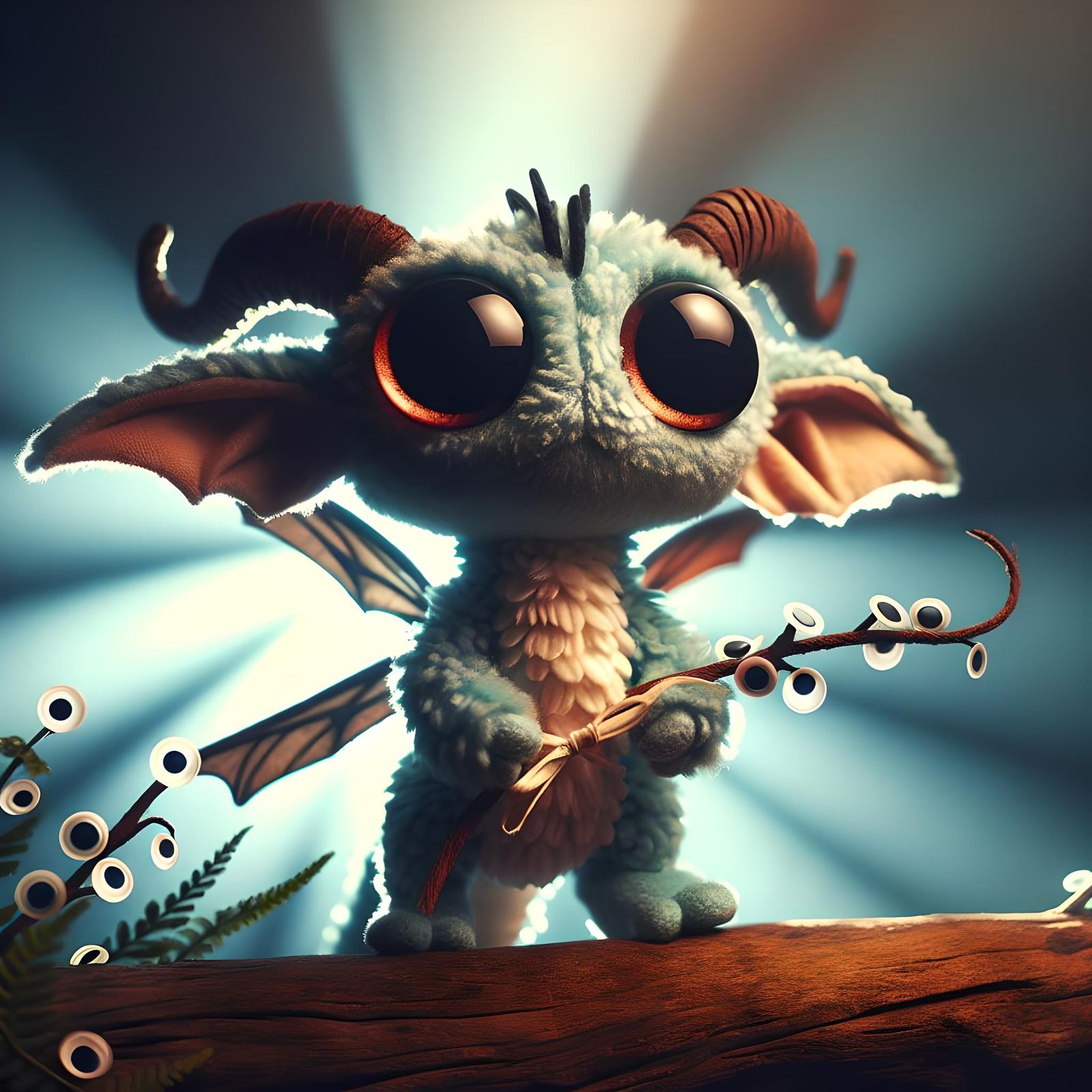 Fantasy Plush Toy with Googly Eyes in Cinematic Light