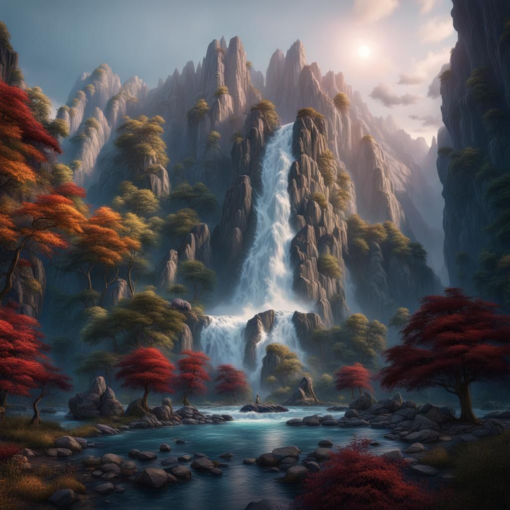 Majestic Waterfall and Mountains in Detailed Matte Painting